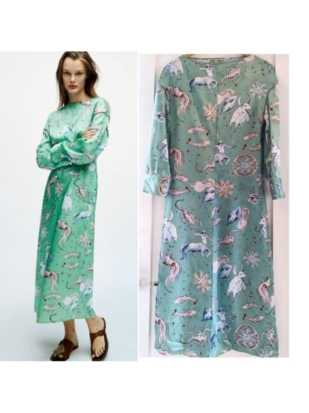 NEW Zara | Zodiac print satin midi dress in green